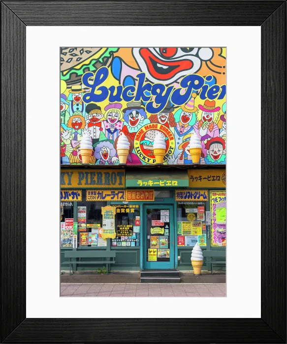Framed Print : Local hamburger chain of Lucky Pierrot in Kanemori Red Brick Warehouse District, Hakodate, Hokkaido, Japan Framed Print : Local hamburger chain of Lucky Pierrot in Kanemori Red Brick Warehouse District, Hakodate, Hokkaido, Japan