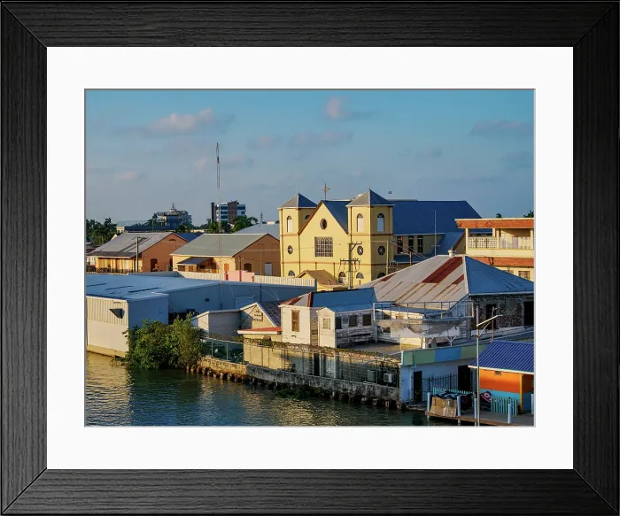 Framed Print : View over Collet Canal towards the Holy Redeemer Cathedral at sunset, Belize City, Belize District, Belize