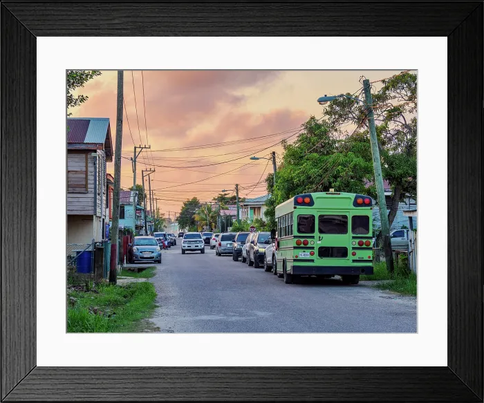 Framed Print : Street of Belize City at sunset, Belize District, Belize Framed Print : Street of Belize City at sunset, Belize District, Belize