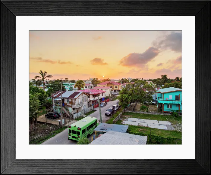 Framed Print : Street of Belize City at sunset, elevated view, Belize District, Belize Framed Print : Street of Belize City at sunset, elevated view, Belize District, Belize
