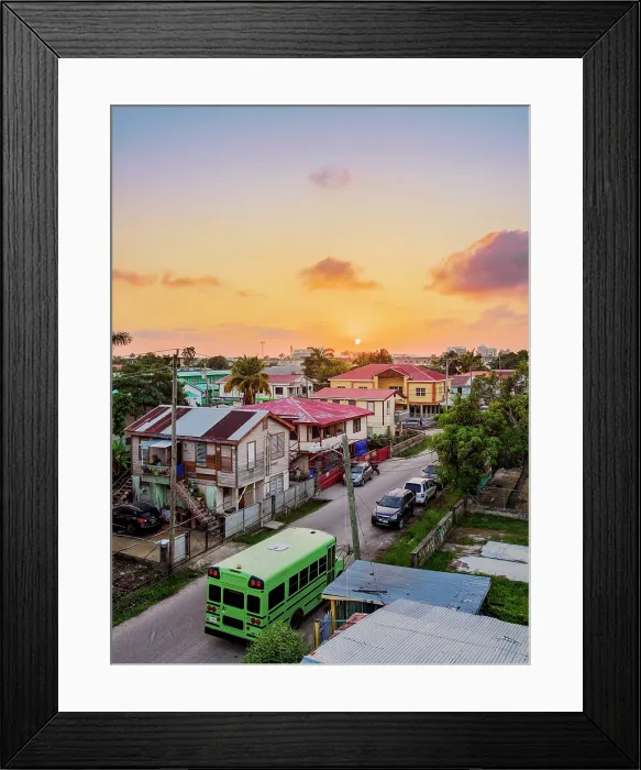 Framed Print : Street of Belize City at sunset, elevated view, Belize District, Belize Framed Print : Street of Belize City at sunset, elevated view, Belize District, Belize