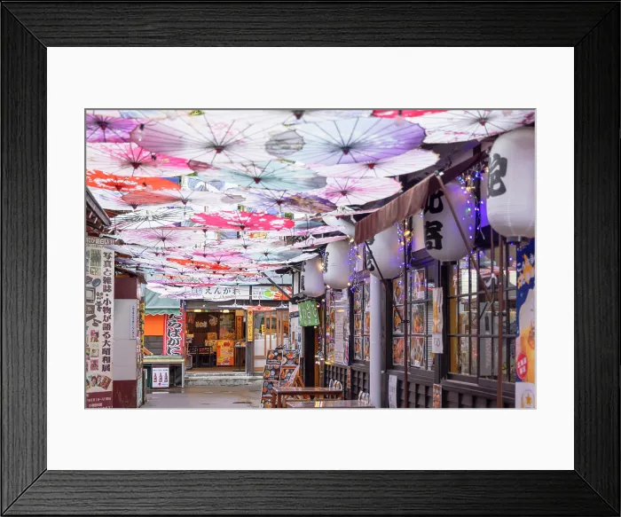 Framed Print : Lane with restaurants and decorative umbrellas, Otaru, Hokkaido, Japan Framed Print : Lane with restaurants and decorative umbrellas, Otaru, Hokkaido, Japan