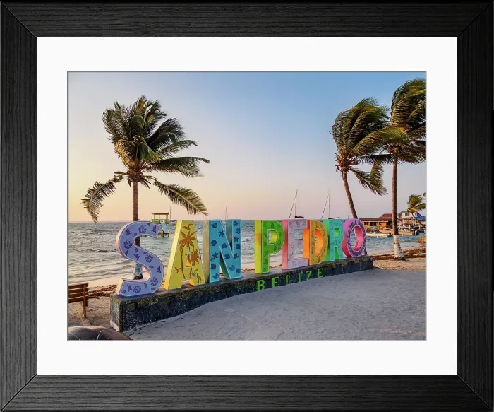 Framed Print : San Pedro Sign at sunrise, Central Park, San Pedro Town, Ambergris Caye, Belize District, Belize