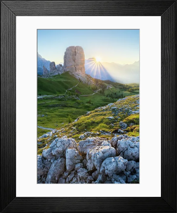 Framed Print : Cinque Torri peak in summer at sunrise. Cortina d'Ampezzo, Belluno Province, Veneto District, Italy