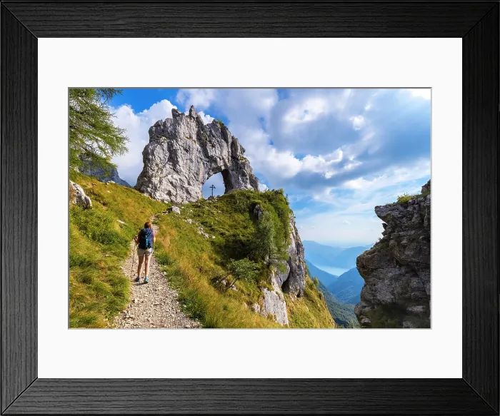Framed Print : natural arch rock formation called Porta di Prada in the Grigna mountain. Grigna Settentrionale, Mandello del Lario, Lombardy, Italy. (MR)