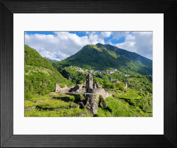 Framed Print : ruins of the church of San Faustino with it's castle. Grosio, Sondrio district, Valtellina, Lombardy, Italy Framed Print : ruins of the church of San Faustino with it's castle. Grosio, Sondrio district, Valtellina, Lombardy, Italy