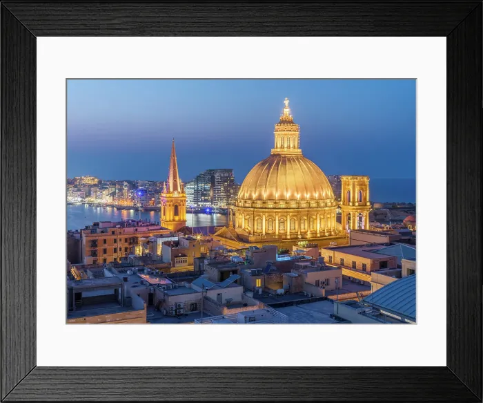 Framed Print : Malta Valletta Skyline with Basilica of our Lady of Mount Carmel Dome and St.Pauls Anglican Cathedral Spire, Valletta, Malta Framed Print : Malta Valletta Skyline with Basilica of our Lady of Mount Carmel Dome and St.Pauls Anglican Cathedral Spire, Valletta, Malta