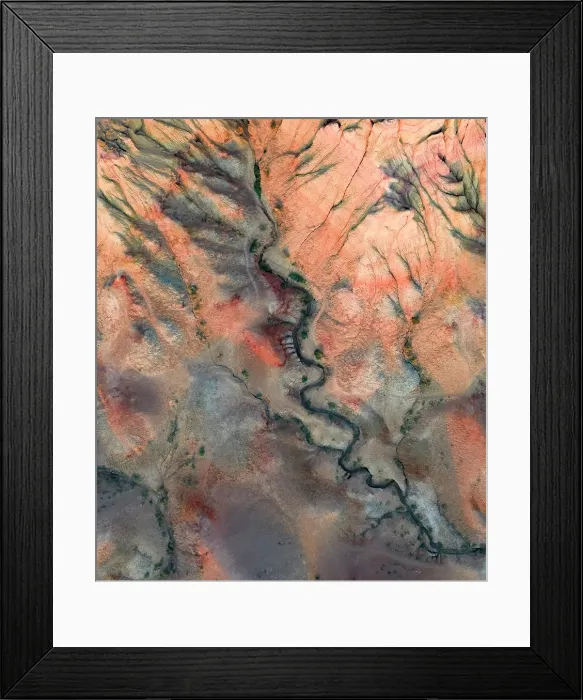 Framed Print : Aerial (drone) view of colourful geology, Tsagaan Suvarga Canyon, Gobi Region, Mongolia, Asia