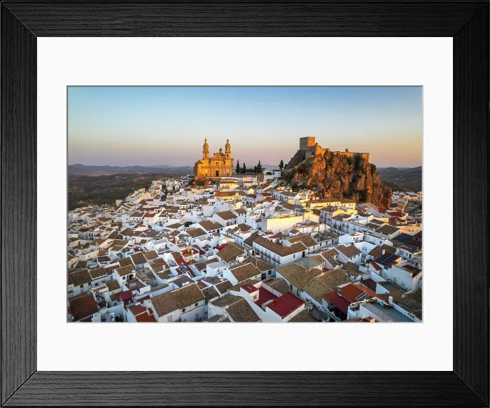 Framed Print : Traditional white village of Olvera with the cathedral and the castle seen at sunrise, drone picture, Andalusia, Spain Framed Print : Traditional white village of Olvera with the cathedral and the castle seen at sunrise, drone picture, Andalusia, Spain