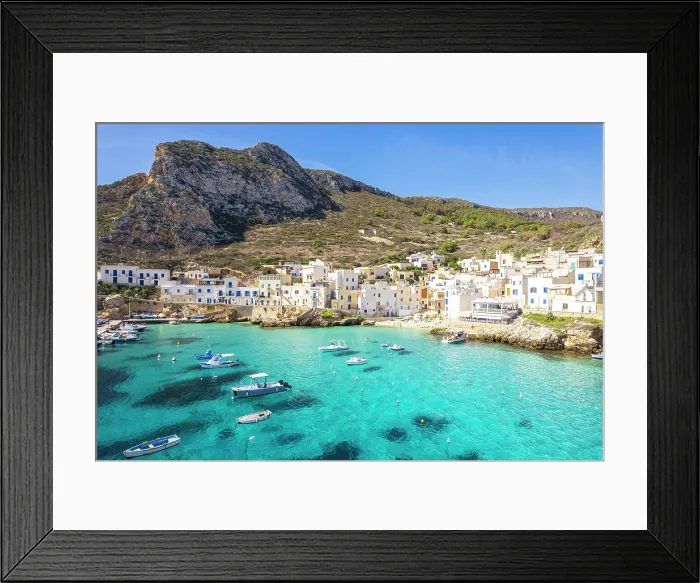 Framed Print : Fishing village of Levanzo and the small harbour with crystalline sea, Levanzo island, Favignana municipality, Trapani, Aegadian islands, Mediterranean Sea, Sicily, Italy