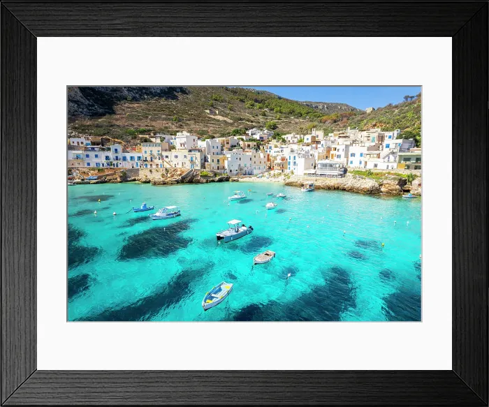 Framed Print : white village of Levanzo with boats in the turquoise lagoon, Levanzo island, Favignana municipality, Trapani, Aegadian islands, Mediterranean Sea, Sicily, Italy Framed Print : white village of Levanzo with boats in the turquoise lagoon, Levanzo island, Favignana municipality, Trapani, Aegadian islands, Mediterranean Sea, Sicily, Italy