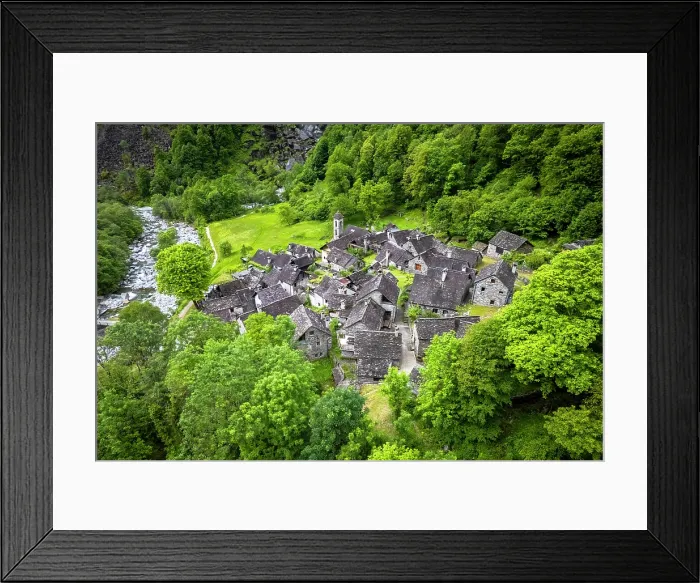 Framed Print : Foroglio waterfall and town. Foroglio, Cevio, Val Bavona, Valle Maggia, Canton Ticino, Switzerland