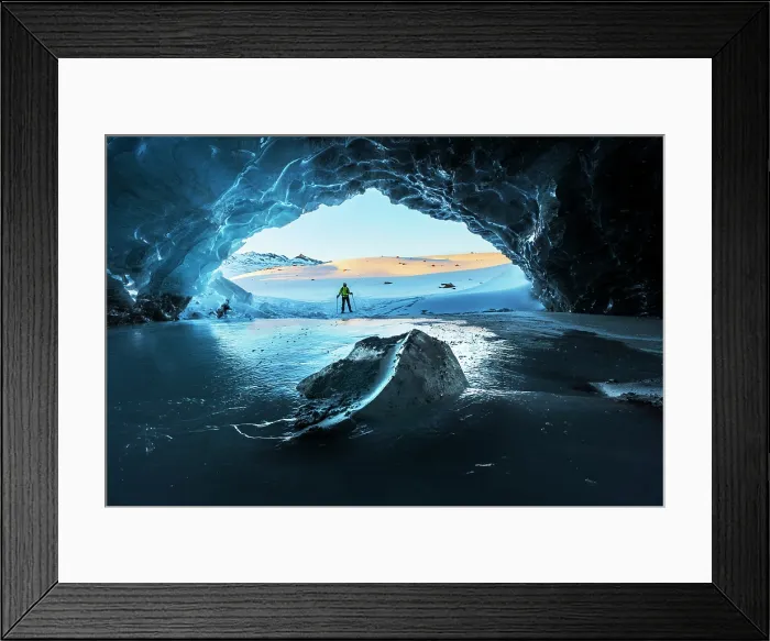 Framed Print : Hiker standing at the entrance of an ice cave in winter, Maso Corto, Bolzano province, Senales Valley (Schnalstal), Trentino-Alto Adige / South Tyrol, Italy (MR) Framed Print : Hiker standing at the entrance of an ice cave in winter, Maso Corto, Bolzano province, Senales Valley (Schnalstal), Trentino-Alto Adige / South Tyrol, Italy (MR)