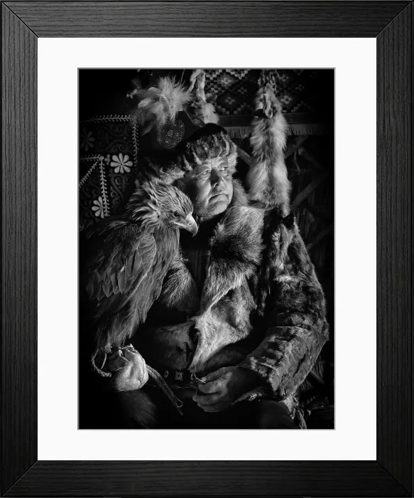 Framed Print : Portrait of a champion Kazakh Eagle Hunter wearing traditional fur clothing, with his Golden Eagle, Western Mongolia, Asia Framed Print : Portrait of a champion Kazakh Eagle Hunter wearing traditional fur clothing, with his Golden Eagle, Western Mongolia, Asia