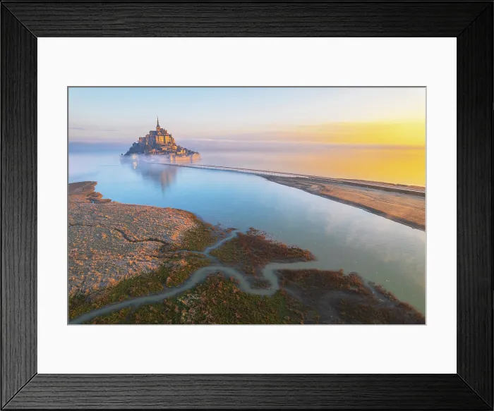 Framed Print : High tide surrounds Mont Saint-Michel at sunrise, aerial view, UNESCO World Heritage Site, Normandy, Manche, France