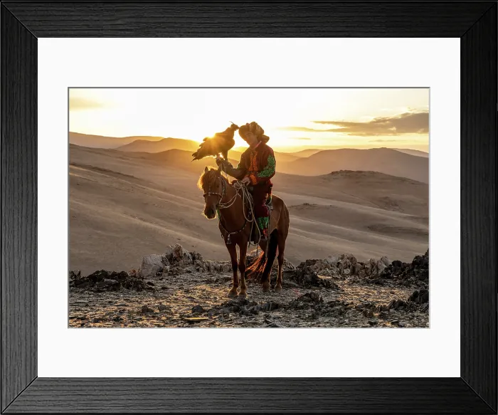 Framed Print : Kazakh Eagle at sunset on horseback with his trained golden eagle, Bayan-Ulgii Province, Western Mongolia, Asia Framed Print : Kazakh Eagle at sunset on horseback with his trained golden eagle, Bayan-Ulgii Province, Western Mongolia, Asia
