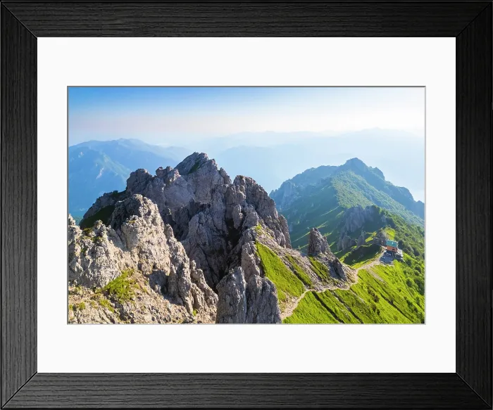 Framed Print : Rifugio Rosalba and Grignetta (Grigna Meridionale) with Torre Cinquantenario and Torre Cecilia in summer. Piani Resinelli, Lecco, Lombardy, Italy
