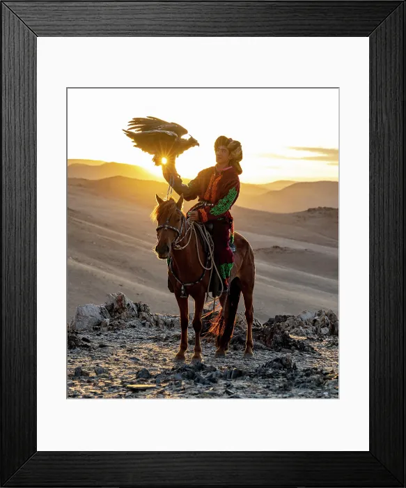 Framed Print : Kazakh Eagle at sunset on horseback with his trained golden eagle, Bayan-Ulgii Province, Western Mongolia, Asia Framed Print : Kazakh Eagle at sunset on horseback with his trained golden eagle, Bayan-Ulgii Province, Western Mongolia, Asia