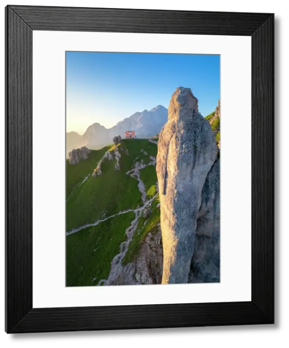Framed Print : Rifugio Rosalba and Grigna (Grigna Settentrionale) with Torre Cinquantenario and Torre Cecilia in summer at sunset. Piani Resinelli, Lecco, Lombardy, Italy