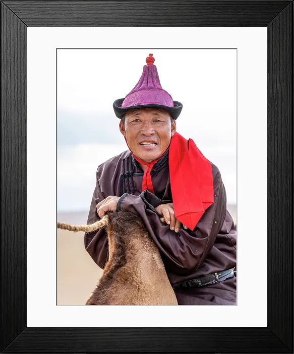 Framed Print : Portrait of a camel herder, Khongor Dunes, Gobi Desert, Mongolia, Asia