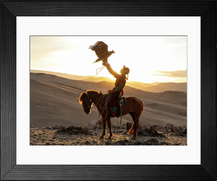 Framed Print : Kazakh Eagle at sunset on horseback with his trained golden eagle, Bayan-Ulgii Province, Western Mongolia, Asia Framed Print : Kazakh Eagle at sunset on horseback with his trained golden eagle, Bayan-Ulgii Province, Western Mongolia, Asia