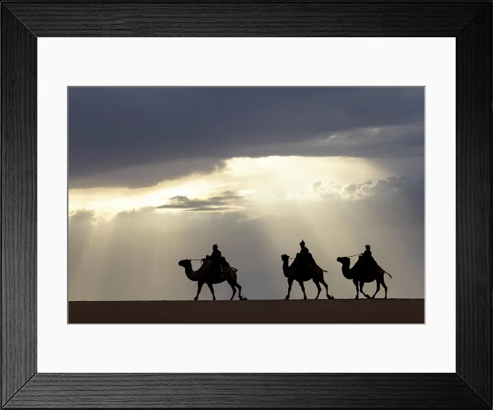 Framed Print : Three camel herders riding their camels in the Khongor Dunes at sunset, Gobi Desert, Mongolia, Asia