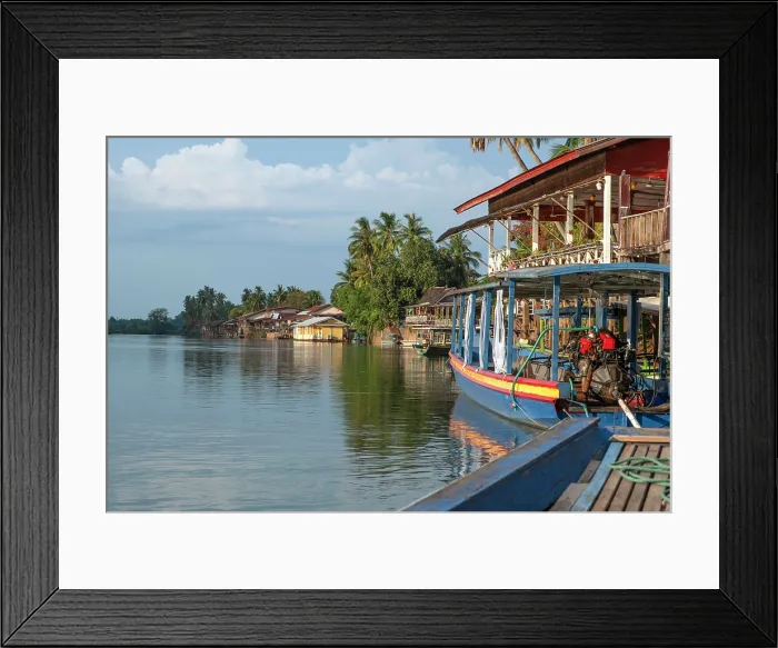 Framed Print : Laos, Champasak Province, Mekong River, Si Phan Don, view of wooden river boats moored on the shore of Don Khon island