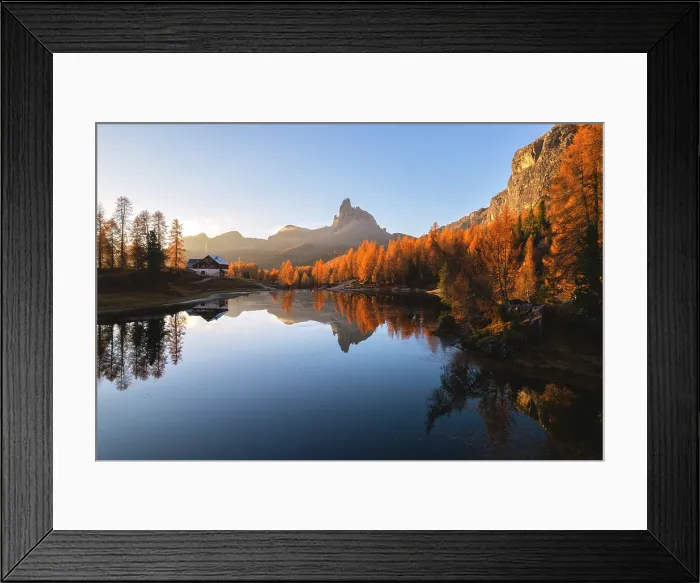 Framed Print : Federa lake Aerial view in autumn, Belluno province, Cortina d'ampezzo, Veneto district in Italy