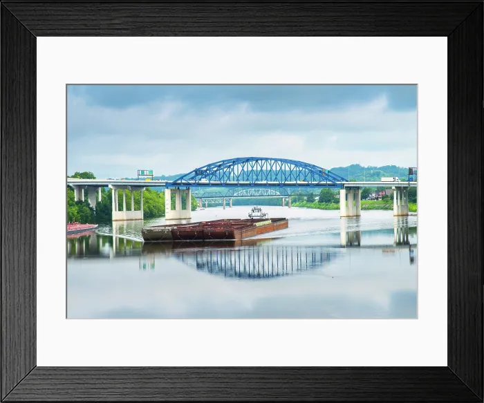 Framed Print : USA, Charleston, West Virginia, Capital City, Barge Glides Under The Eugene A. Carter Bridge On The Kanawha River in Downtown Charleston
