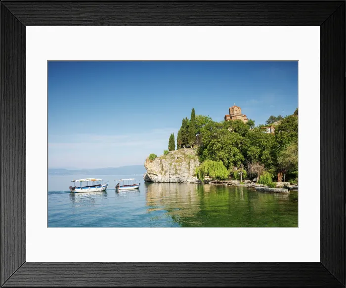 Framed Print : Boats on Lake Ohrid and the church of St John at Kaneo beyond, Lake Ohrid, Ohrid, North Macedonia Framed Print : Boats on Lake Ohrid and the church of St John at Kaneo beyond, Lake Ohrid, Ohrid, North Macedonia