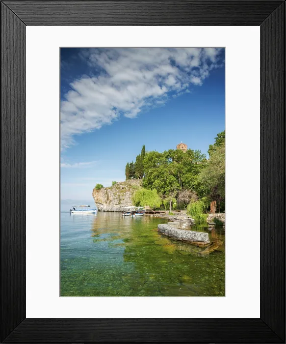 Framed Print : Boats on Lake Ohrid and the church of St John at Kaneo beyond, Lake Ohrid, Ohrid, North Macedonia
