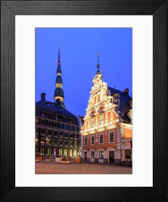 Framed Print : House of Blackheads and Schwab House and St Peter's Church tower, Town Hall square, Riga, Latvia Framed Print : House of Blackheads and Schwab House and St Peter's Church tower, Town Hall square, Riga, Latvia