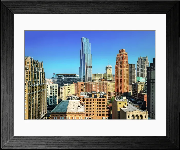 Framed Print : USA, Detroit, Michigan, New Modern Hudson Building Rises Above The Detroit Skyline, The Art Deco 1920's David Stott Building Rises To the Right Framed Print : USA, Detroit, Michigan, New Modern Hudson Building Rises Above The Detroit Skyline, The Art Deco 1920's David Stott Building Rises To the Right