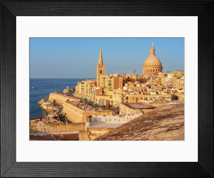 Framed Print : Skyline with Basilica of our Lady of Mount Carmel Dome and St.Pauls Anglican Cathedral Spire, Valletta, Malta Framed Print : Skyline with Basilica of our Lady of Mount Carmel Dome and St.Pauls Anglican Cathedral Spire, Valletta, Malta