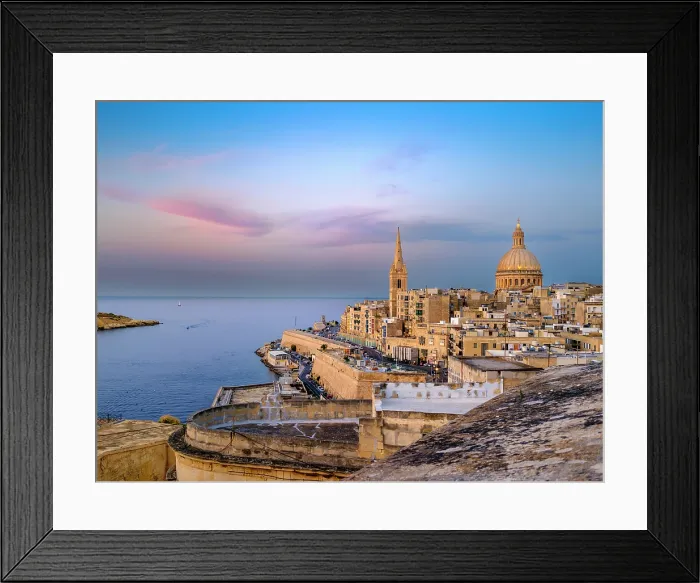 Framed Print : Skyline with Basilica of our Lady of Mount Carmel Dome and St.Pauls Anglican Cathedral Spire, Valletta, Malta Framed Print : Skyline with Basilica of our Lady of Mount Carmel Dome and St.Pauls Anglican Cathedral Spire, Valletta, Malta