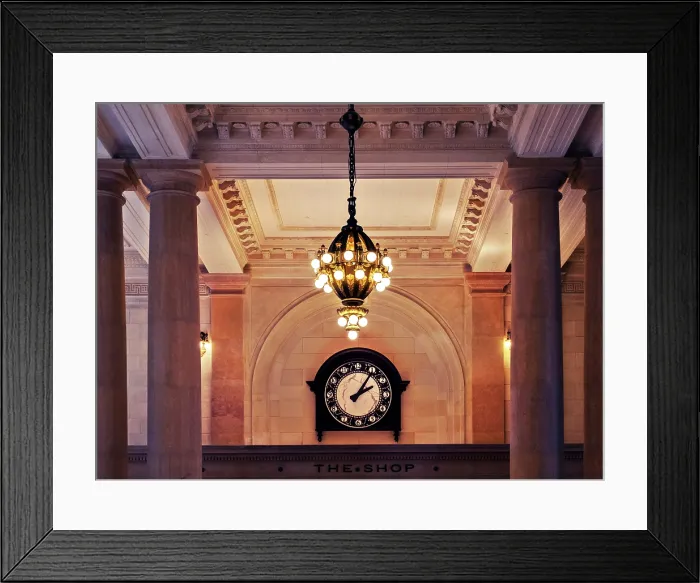 Framed Print : USA, Detroit, Michigan, Restored 1913 Michigan Central Train Station, Ticket Lobby Clock With Massive Chandelier, Beaux-Arts Structure Restored As Mixed Use Offices Framed Print : USA, Detroit, Michigan, Restored 1913 Michigan Central Train Station, Ticket Lobby Clock With Massive Chandelier, Beaux-Arts Structure Restored As Mixed Use Offices