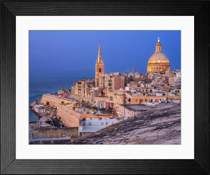 Framed Print : Skyline with Basilica of our Lady of Mount Carmel Dome and St.Pauls Anglican Cathedral Spire, Valletta, Malta Framed Print : Skyline with Basilica of our Lady of Mount Carmel Dome and St.Pauls Anglican Cathedral Spire, Valletta, Malta