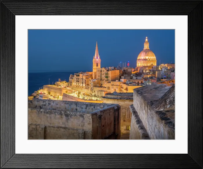 Framed Print : Skyline with Basilica of our Lady of Mount Carmel Dome and St.Pauls Anglican Cathedral Spire, Valletta, Malta