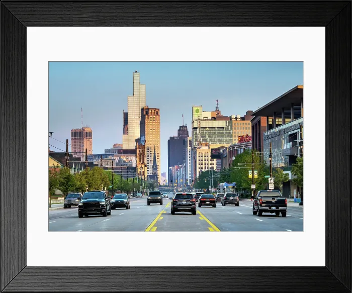 Framed Print : USA, Detroit, Michigan, Looking Down Woodward Avenue, Detroit's Main Street, New Hudson Building, Skyscraper Framed Print : USA, Detroit, Michigan, Looking Down Woodward Avenue, Detroit's Main Street, New Hudson Building, Skyscraper