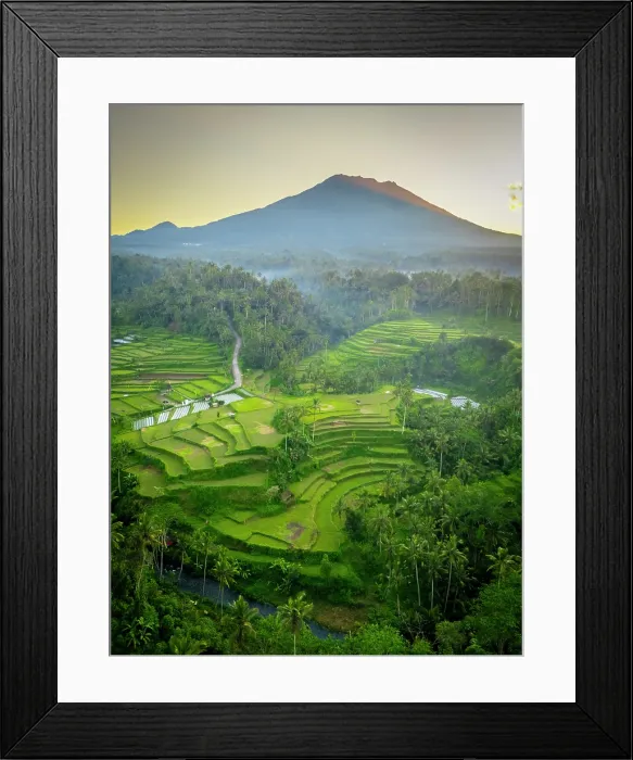 Framed Print : Mount Agung volcano (highest mountain in Bali) and rice terraces, Bali, Indonesia
