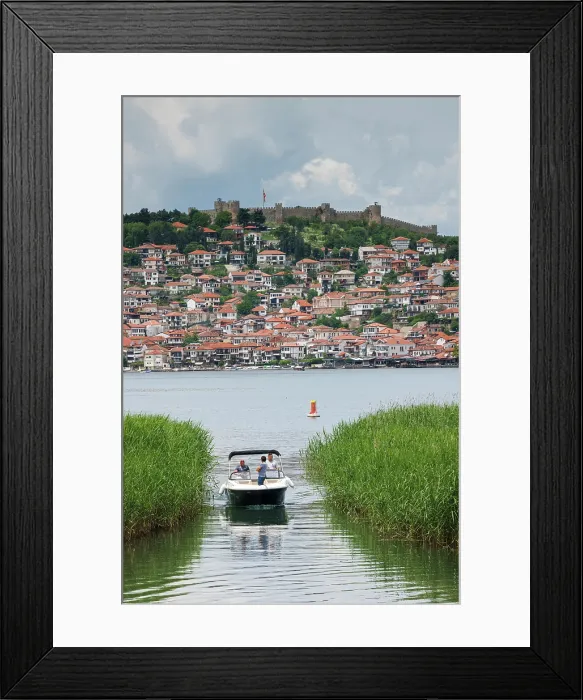 Framed Print : Boat on Lake Ohrid with Ohrid Castle beyond, Ohrid, North Macedonia Framed Print : Boat on Lake Ohrid with Ohrid Castle beyond, Ohrid, North Macedonia