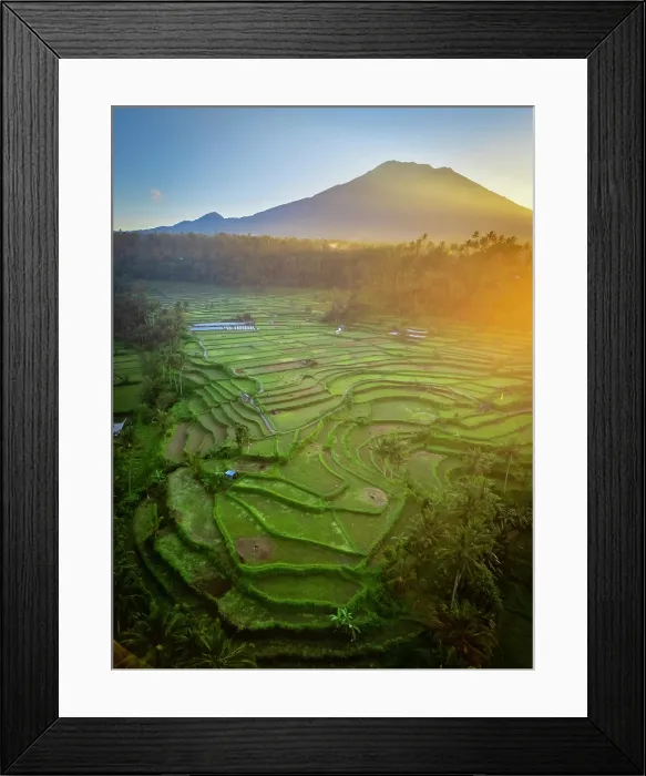 Framed Print : Mount Agung volcano (highest mountain in Bali) and rice terraces, Bali, Indonesia