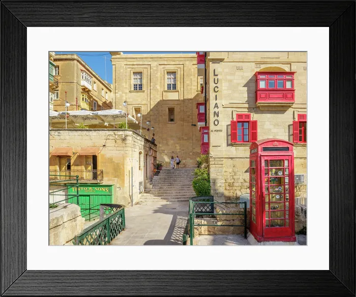 Framed Print : Typical Street Scene in the heart of Valletta, Red British Telphone Box, Valletta, Malta