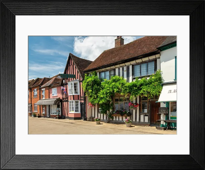 Framed Print : Shops on the Market Square, Lavenham, Suffolk, England Framed Print : Shops on the Market Square, Lavenham, Suffolk, England