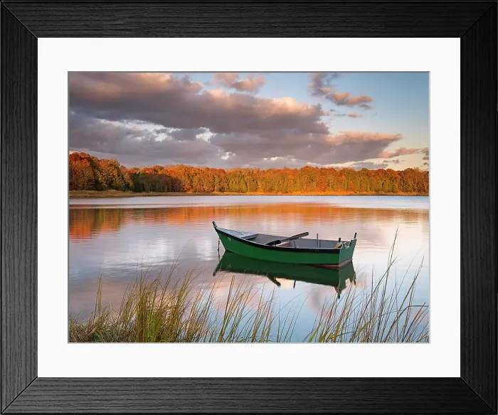 Framed Print : Green rowboat with reflection in autumn on Cape Cod, Eastham, Massachusetts, USA Framed Print : Green rowboat with reflection in autumn on Cape Cod, Eastham, Massachusetts, USA