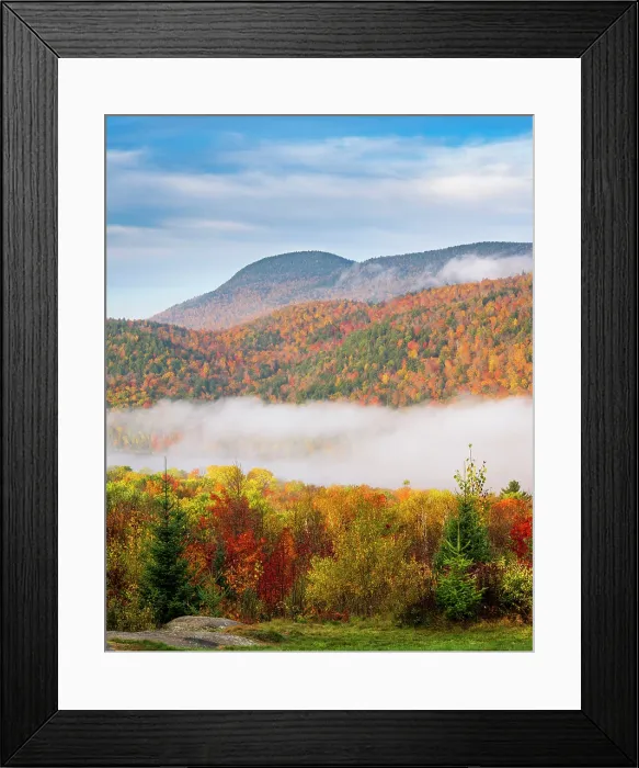 Framed Print : Fog at sunrise in autumn, Adirondack Mountains, New York, USA