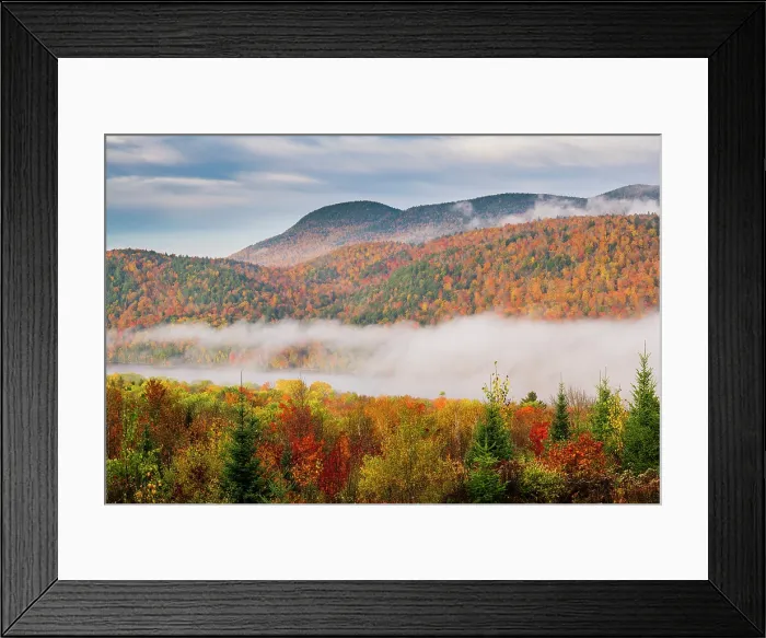 Framed Print : Fog at sunrise in autumn, Adirondack Mountains, New York, USA Framed Print : Fog at sunrise in autumn, Adirondack Mountains, New York, USA