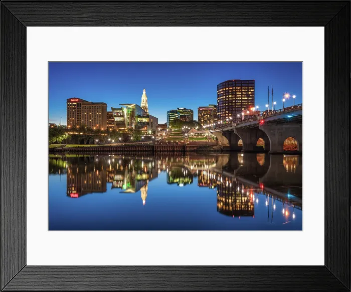 Framed Print : Cityscape reflection at dusk, Hartford, Connecticut, USA