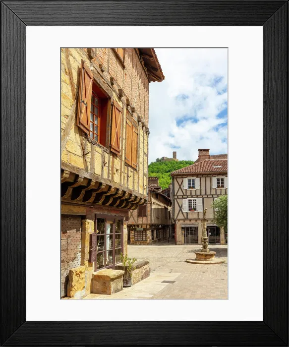 Framed Print : Half-timbered medieval houses, Mercadial Square, Saint Cere, Lot, Occitanie, France