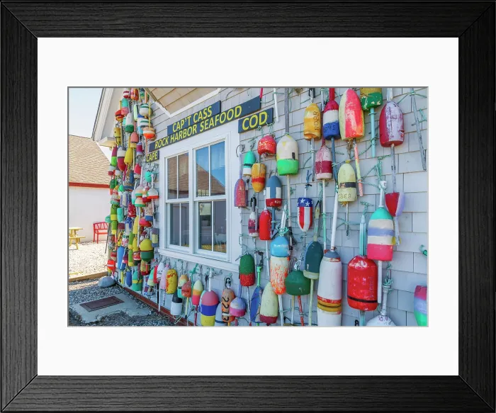 Framed Print : USA, Massachusetts, Cape Cod, Lower Cape, Orleans, Rock Harbor, Captain Cass Rock Harbor Seafood restaurant, decorated with lobster buoys Framed Print : USA, Massachusetts, Cape Cod, Lower Cape, Orleans, Rock Harbor, Captain Cass Rock Harbor Seafood restaurant, decorated with lobster buoys